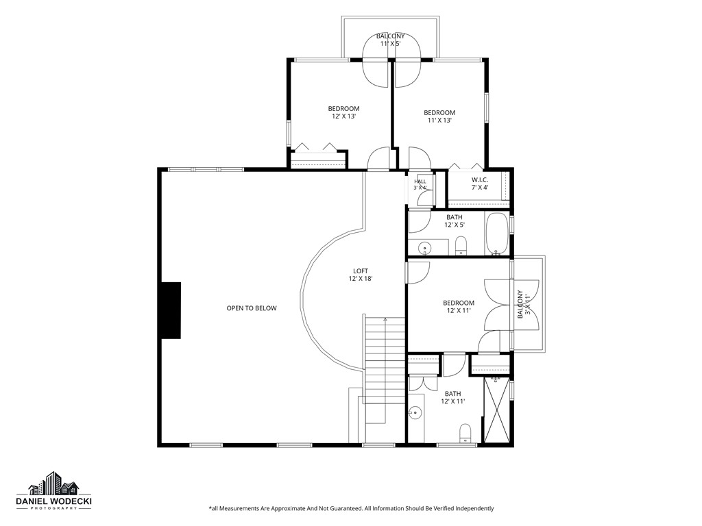 Second-floor floor plan with three bedrooms, a loft open to below, two bathrooms, and two balconies.