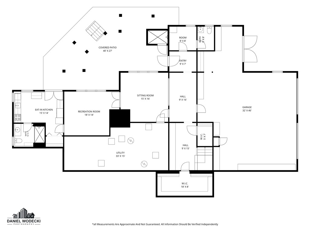 Floor plan showing a large covered patio, garage, kitchen, recreation room, sitting room, and utility room.