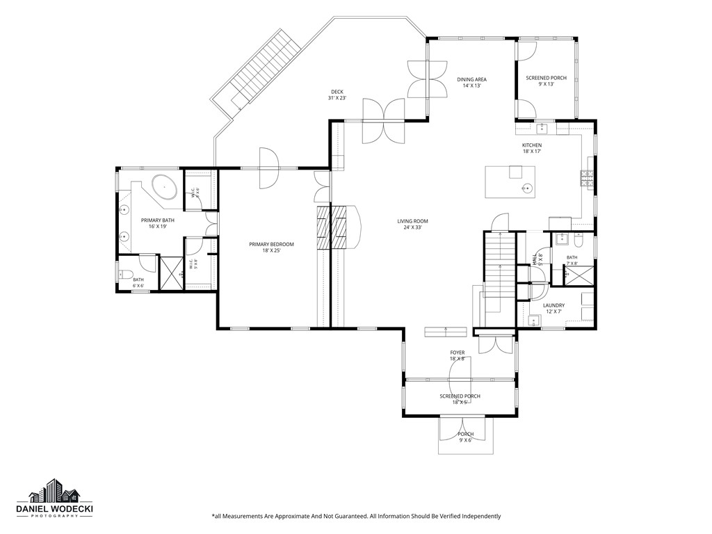 Floor plan showing the living room, kitchen, primary suite, and multiple porches.