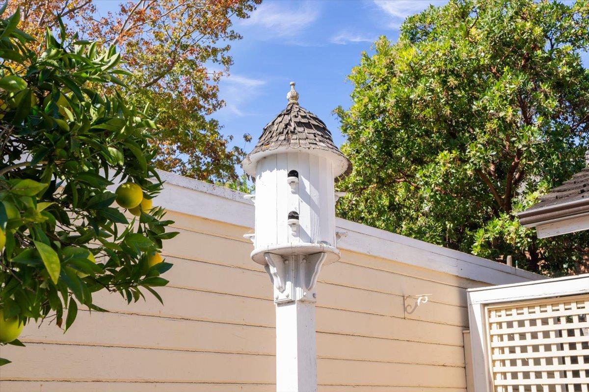 White birdhouse on a post beside a pale wall, framed by leafy trees and citrus fruit.