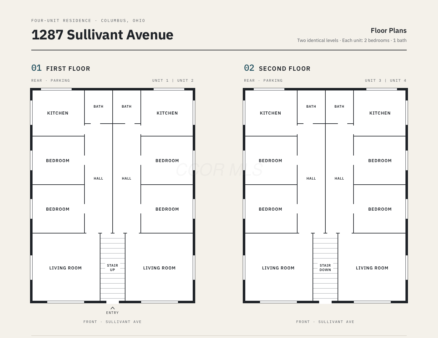 Floor plans for two matching levels, each with two mirrored two-bedroom units and a central stairway.