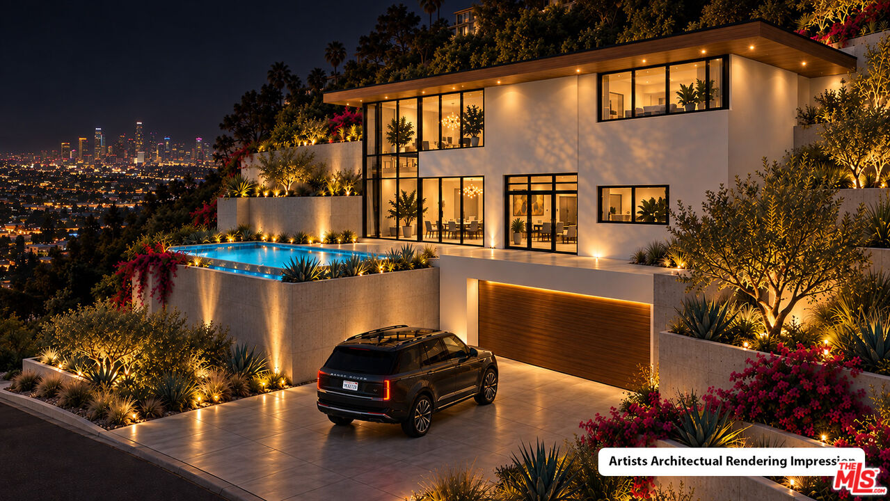 Modern glass-fronted home with a lit pool and Los Angeles skyline at night.