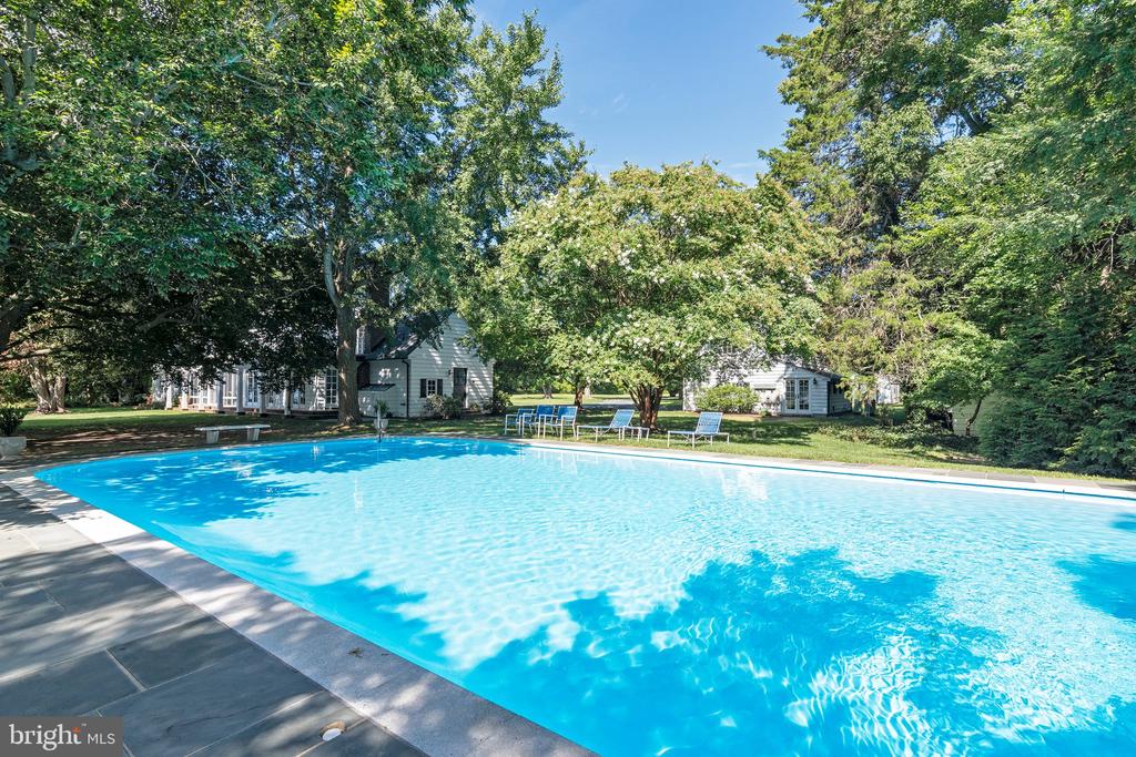 Backyard swimming pool with lounge chairs and a light-colored house beneath mature trees.