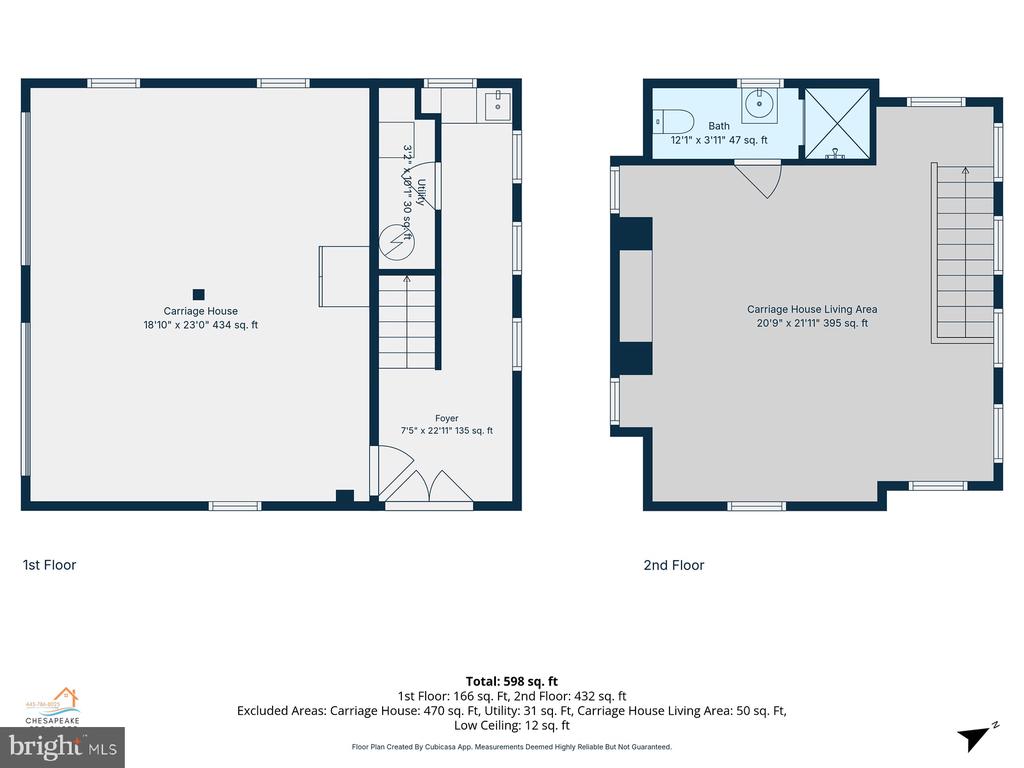 Two-level carriage house floor plan with a large first-floor area and second-floor living area and bathroom.