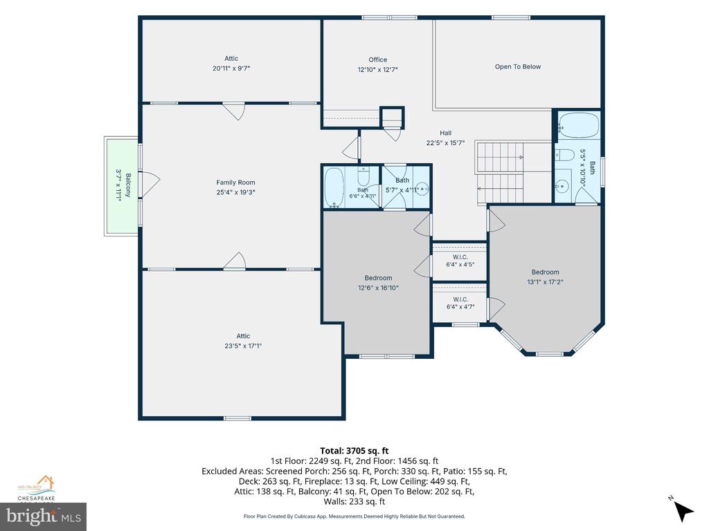 Second-floor plan with two bedrooms, an office, family room, attic spaces, balcony, and open-to-below area.