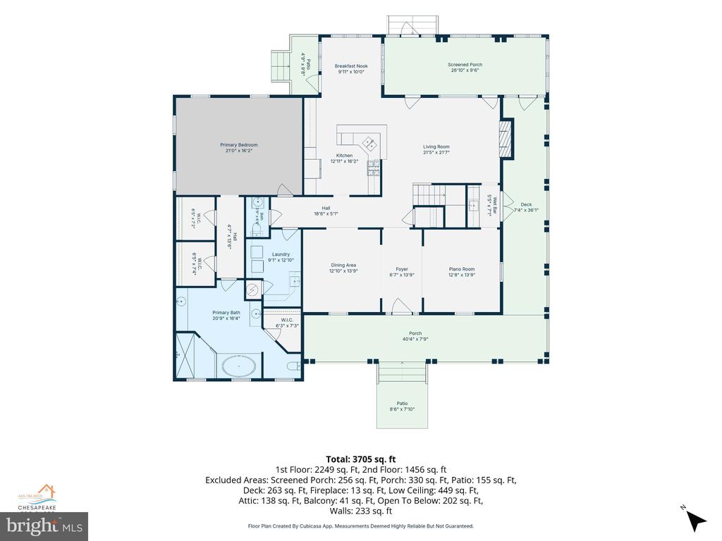 Floor plan showing room layouts and dimensions, with a large screened porch, deck, and wraparound porch.