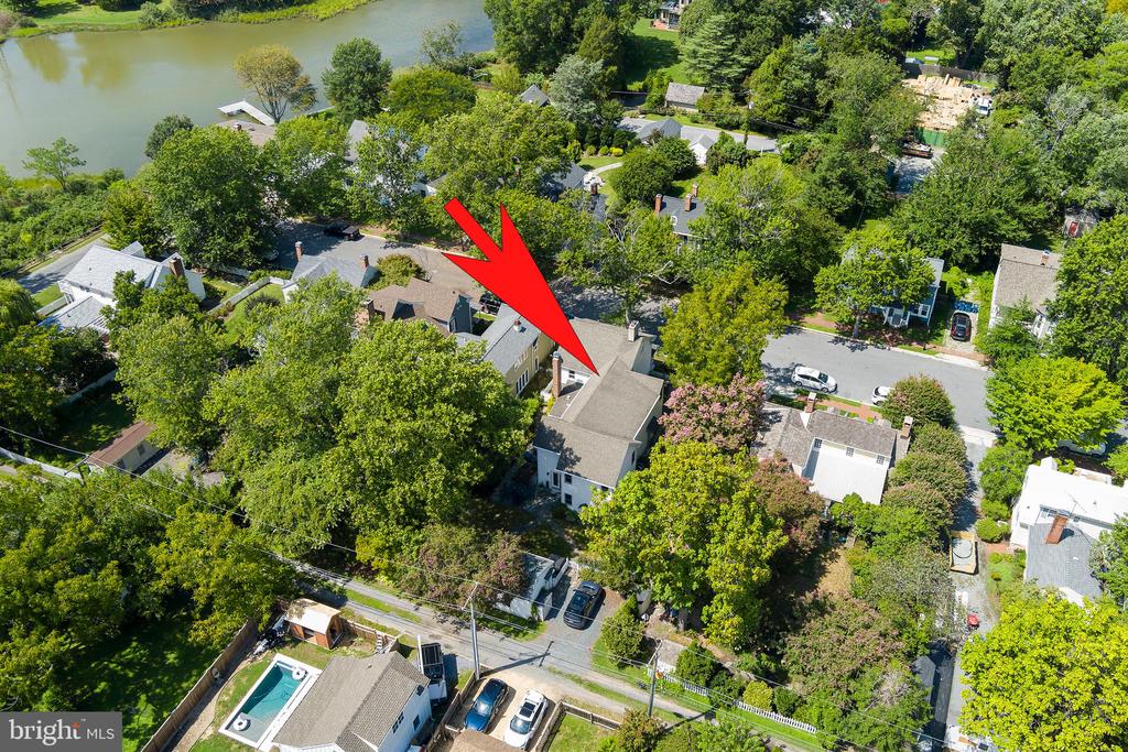 Aerial view of 114 W Chestnut Street, marked by a red arrow in a leafy neighborhood near the water.