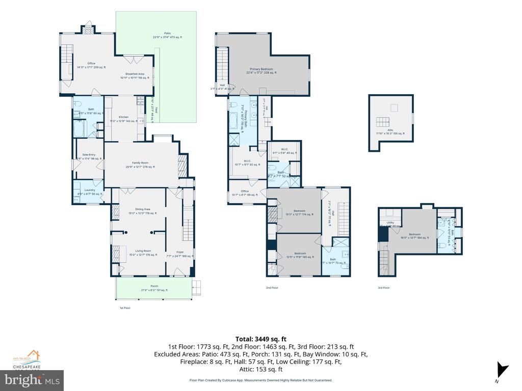 Three-floor home plan with labeled rooms and a total area of 3,449 square feet.