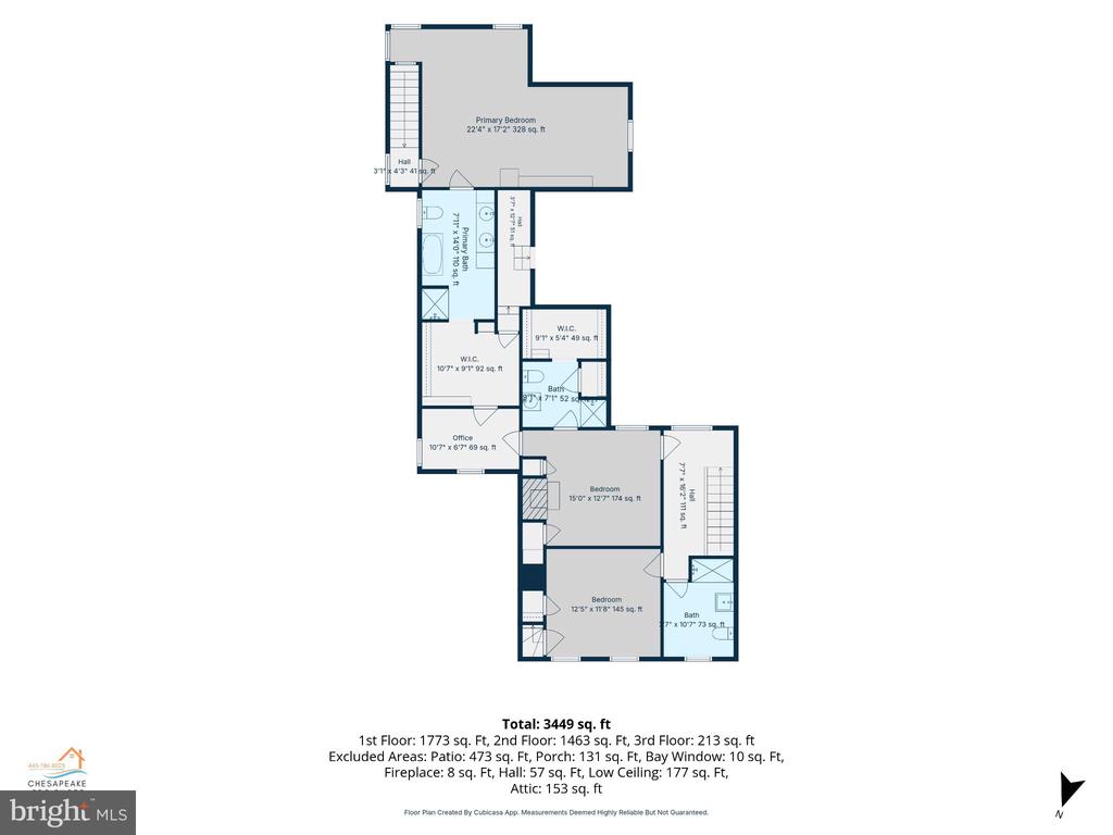 Floor plan showing bedrooms, bathrooms, an office, and a total area of 3,449 square feet.