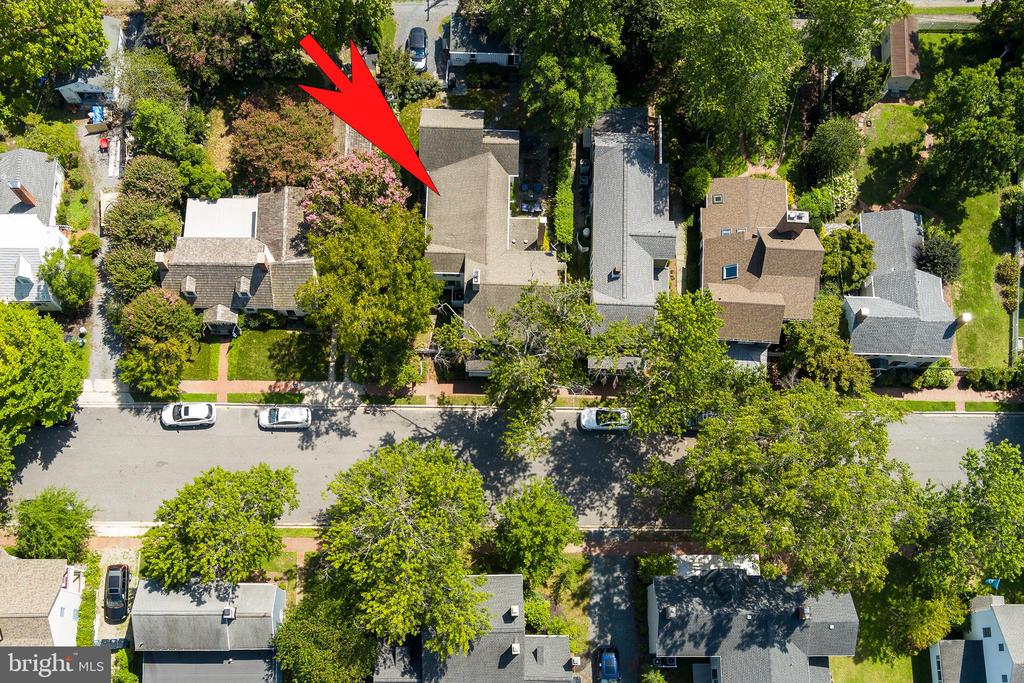 Aerial view of the tree-lined street and homes, with a red arrow marking the property.