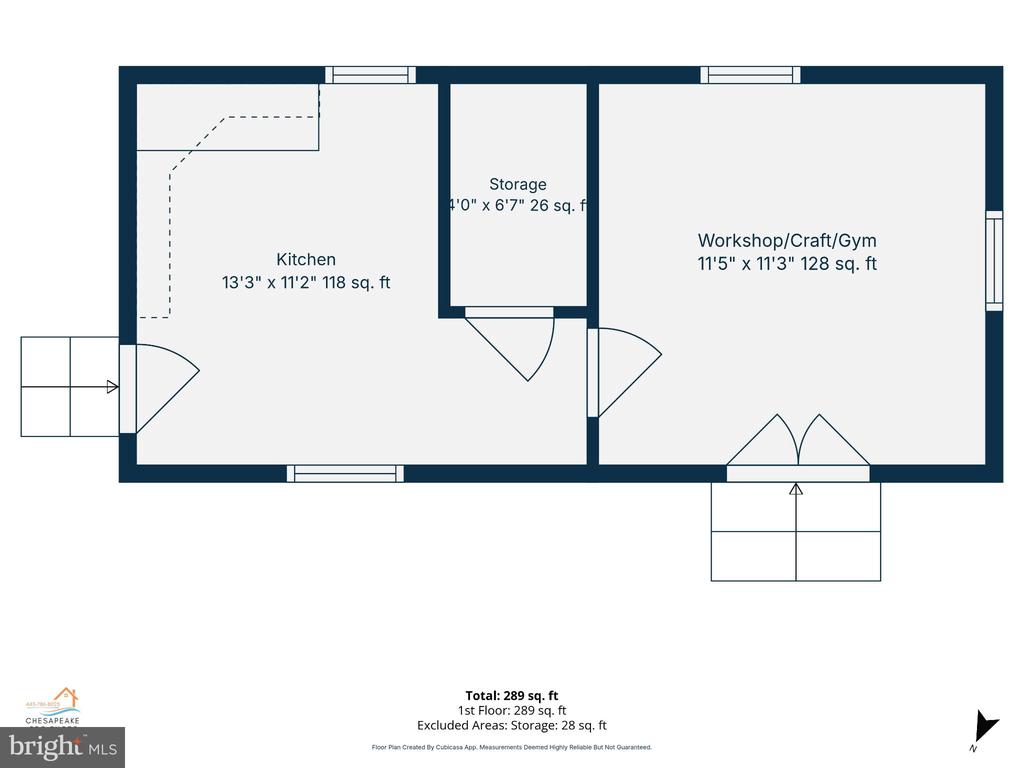 First-floor plan showing a kitchen, storage room, and workshop, craft room, or gym.