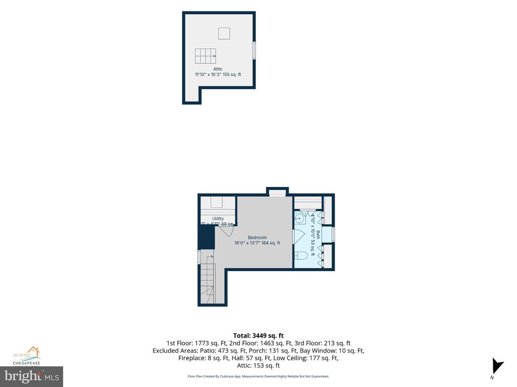 Floor plan showing a bedroom, utility room, bath, and attic with area measurements.