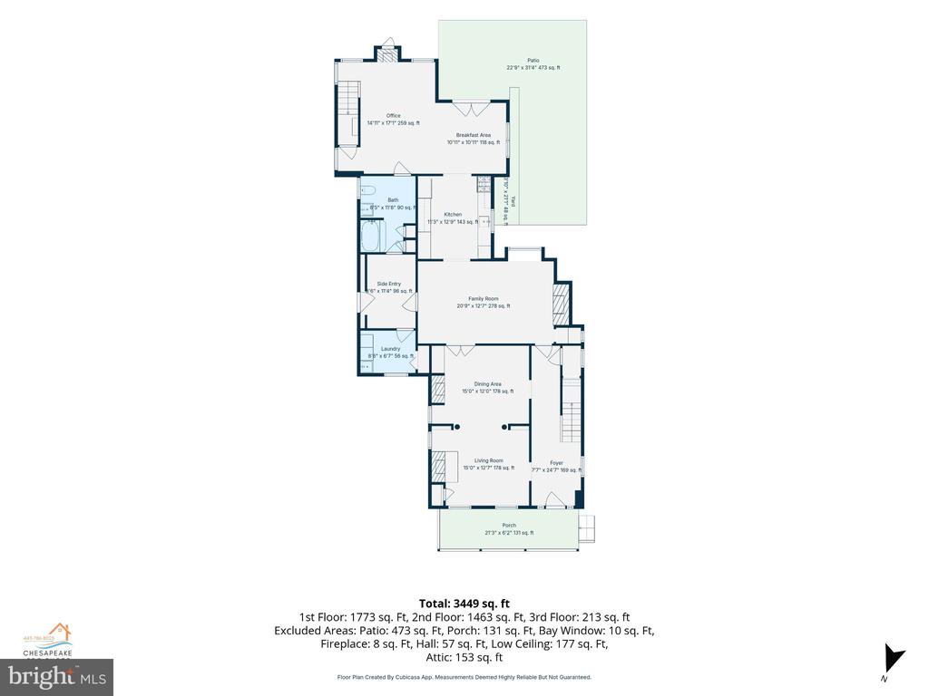 Floor plan showing the home's room layout, patio, porch, and total area of 3,449 square feet.