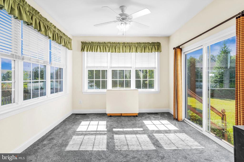 Bright carpeted room with large windows, a sliding glass door, and a ceiling fan.