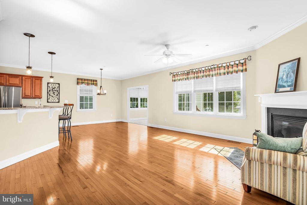 Open living and dining area with hardwood floors, a fireplace, and large sunlit windows.