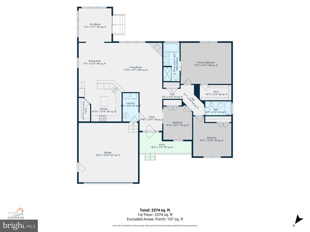Home floor plan with three bedrooms, sunroom, garage, and porch; total area 2,374 square feet.