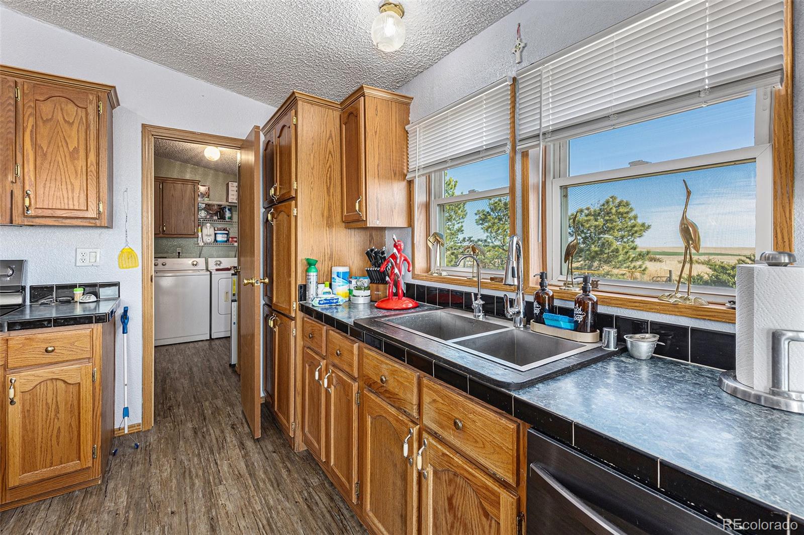 Kitchen with oak cabinets, a double-basin sink, and windows overlooking open fields.