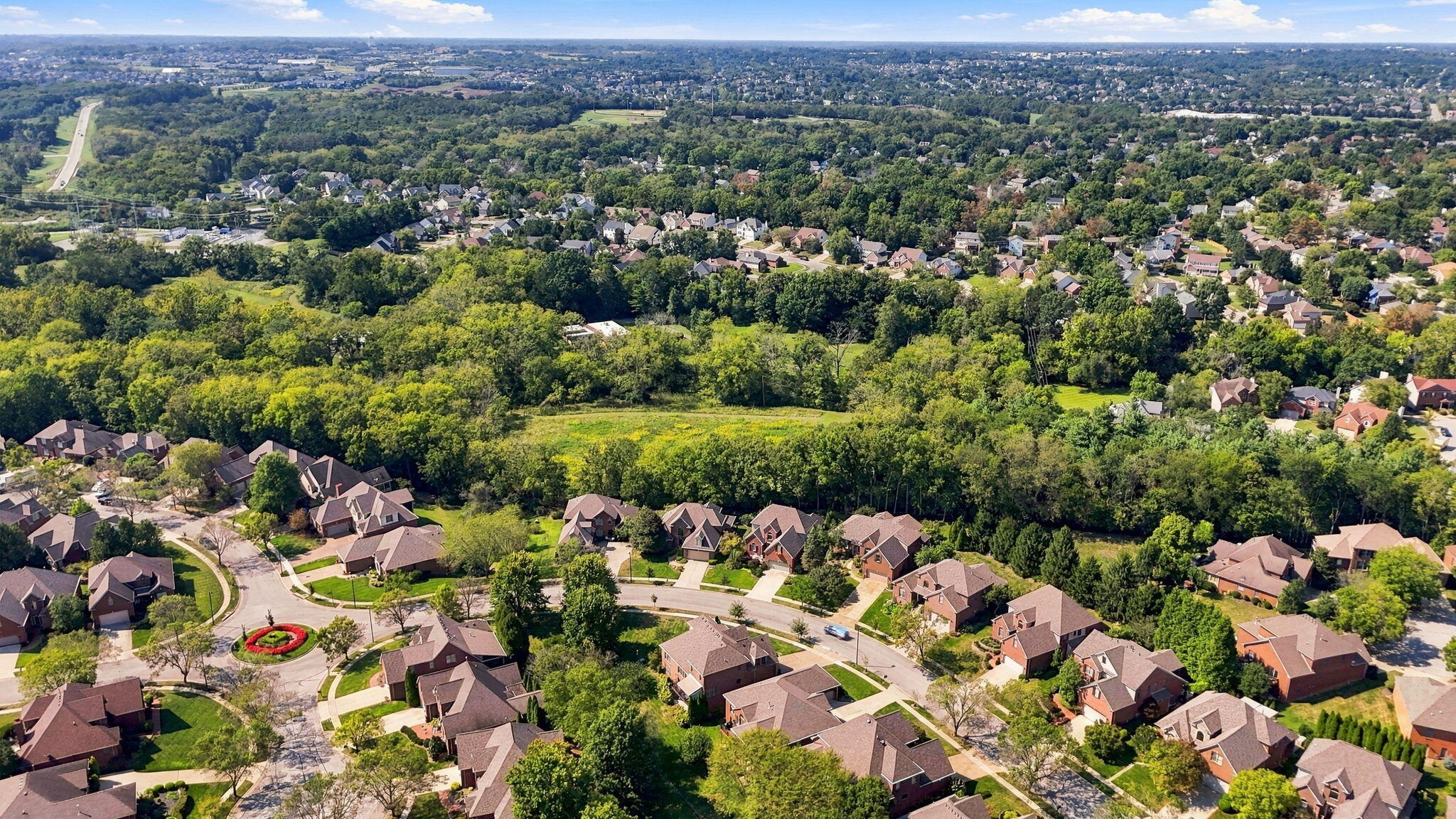 Aerial view of a suburban neighborhood bordered by a wide wooded greenbelt.