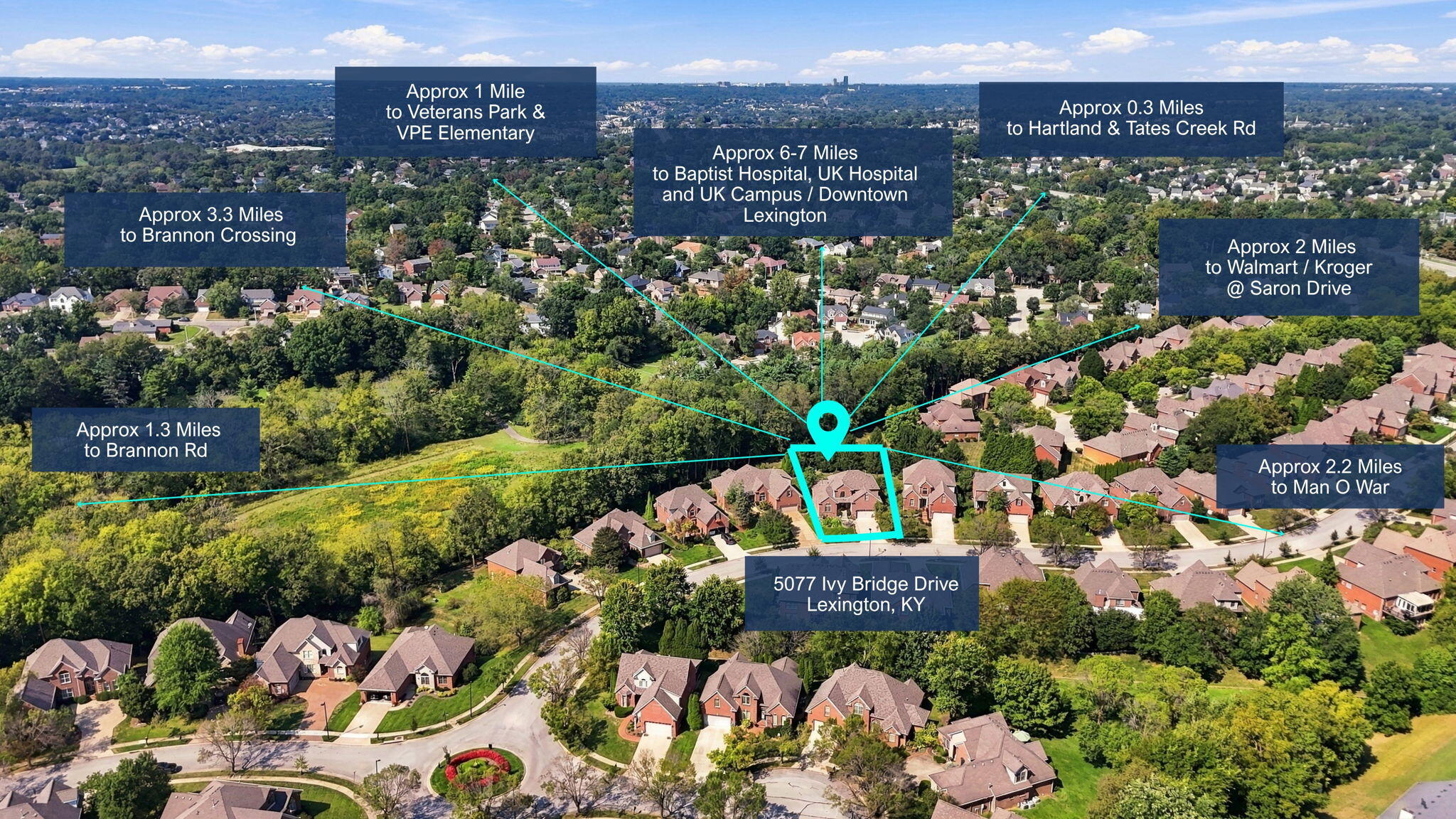 Aerial location map marking 5077 Ivy Bridge Drive, with distances to nearby roads, schools, parks, shopping, and downtown.