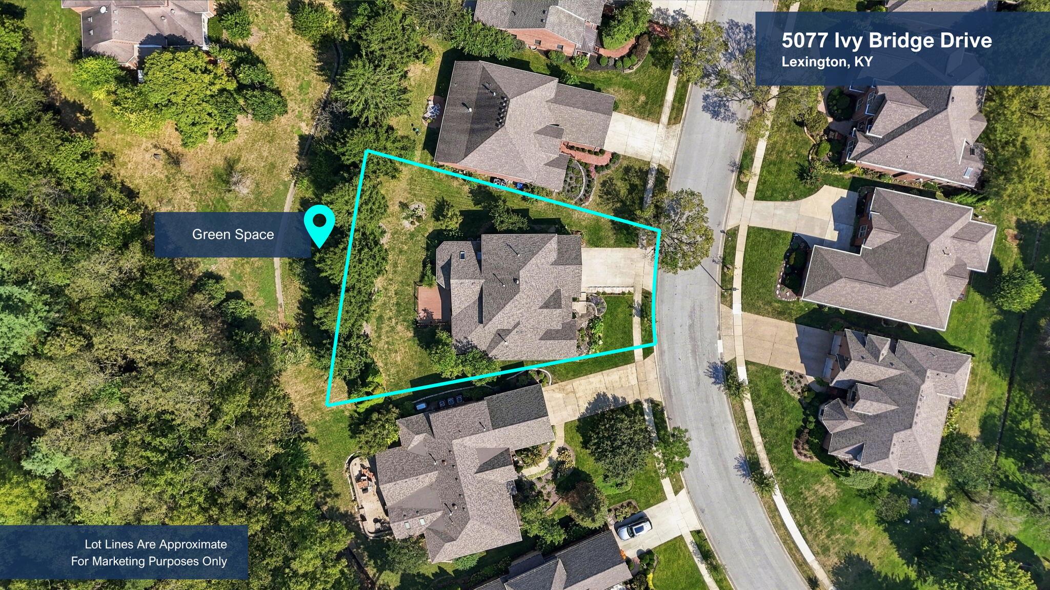 Aerial view of 5077 Ivy Bridge Drive, with approximate lot lines outlined beside a labeled green space.