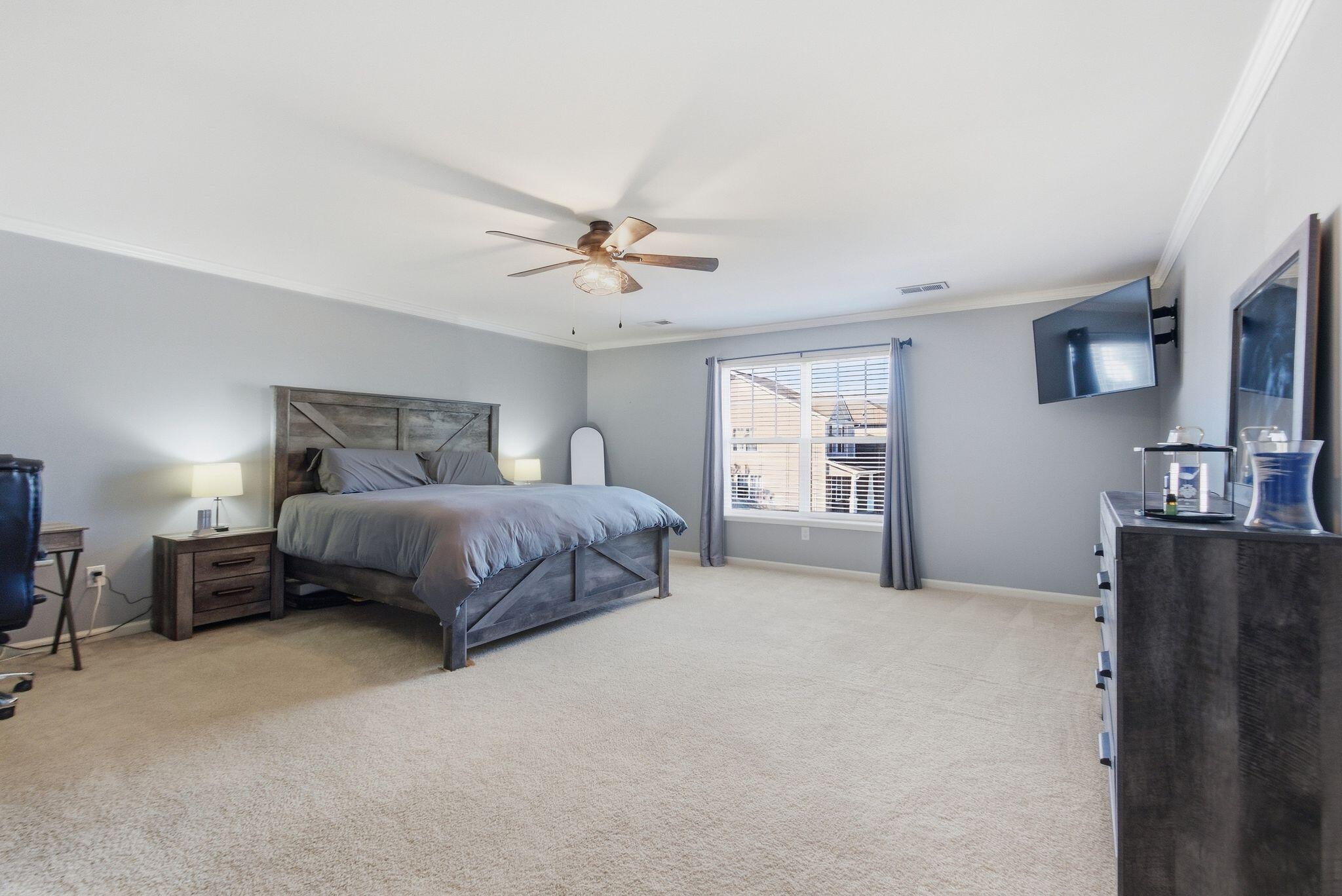 Furnished bedroom with a gray bed, beige carpet, ceiling fan, and window with blinds.
