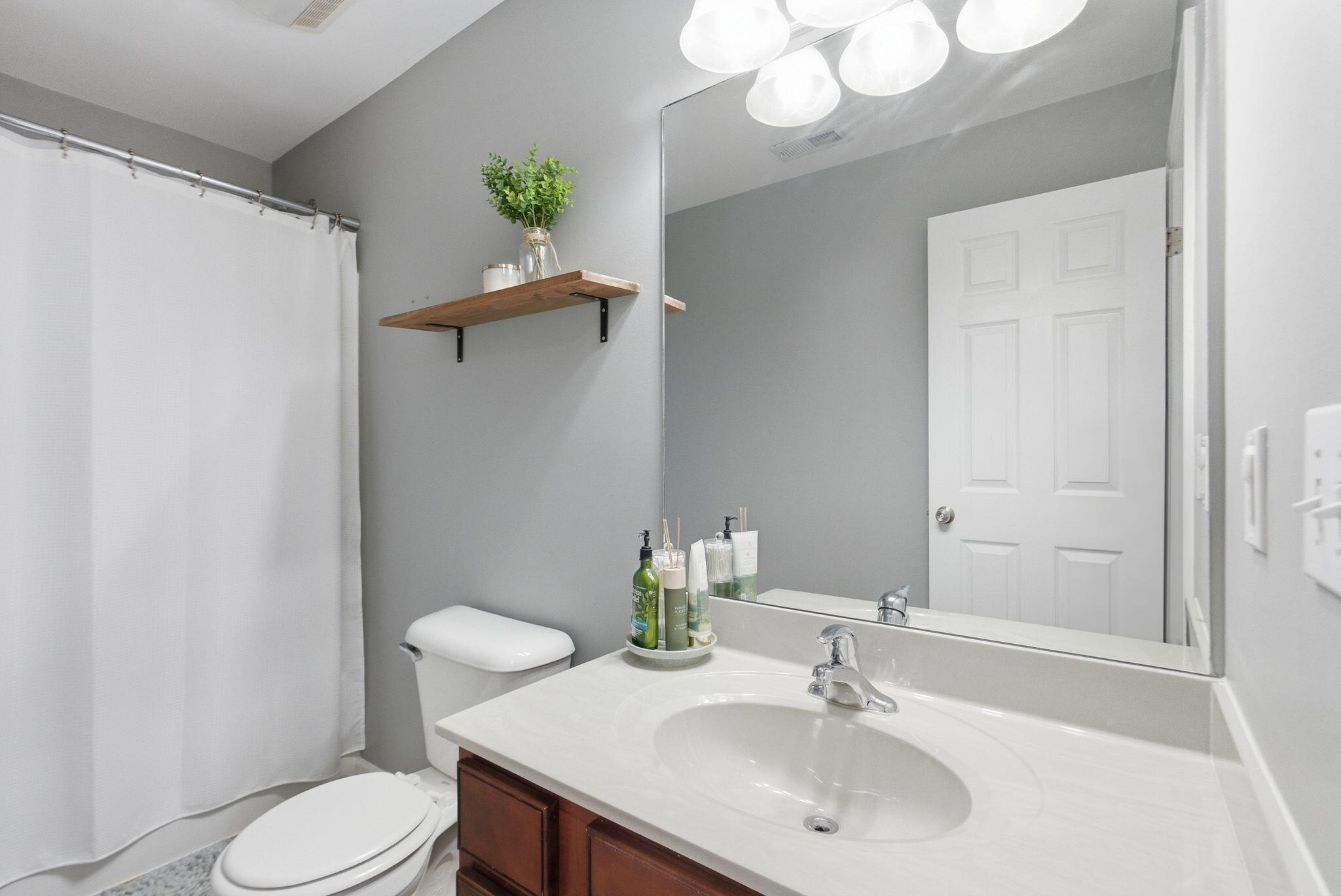 Bathroom with a dark wood vanity, white oval sink, large mirror, and floating shelf.