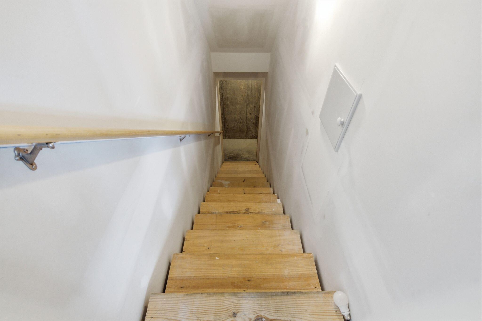 Narrow wooden stairs descend to an unfinished basement with a concrete floor.