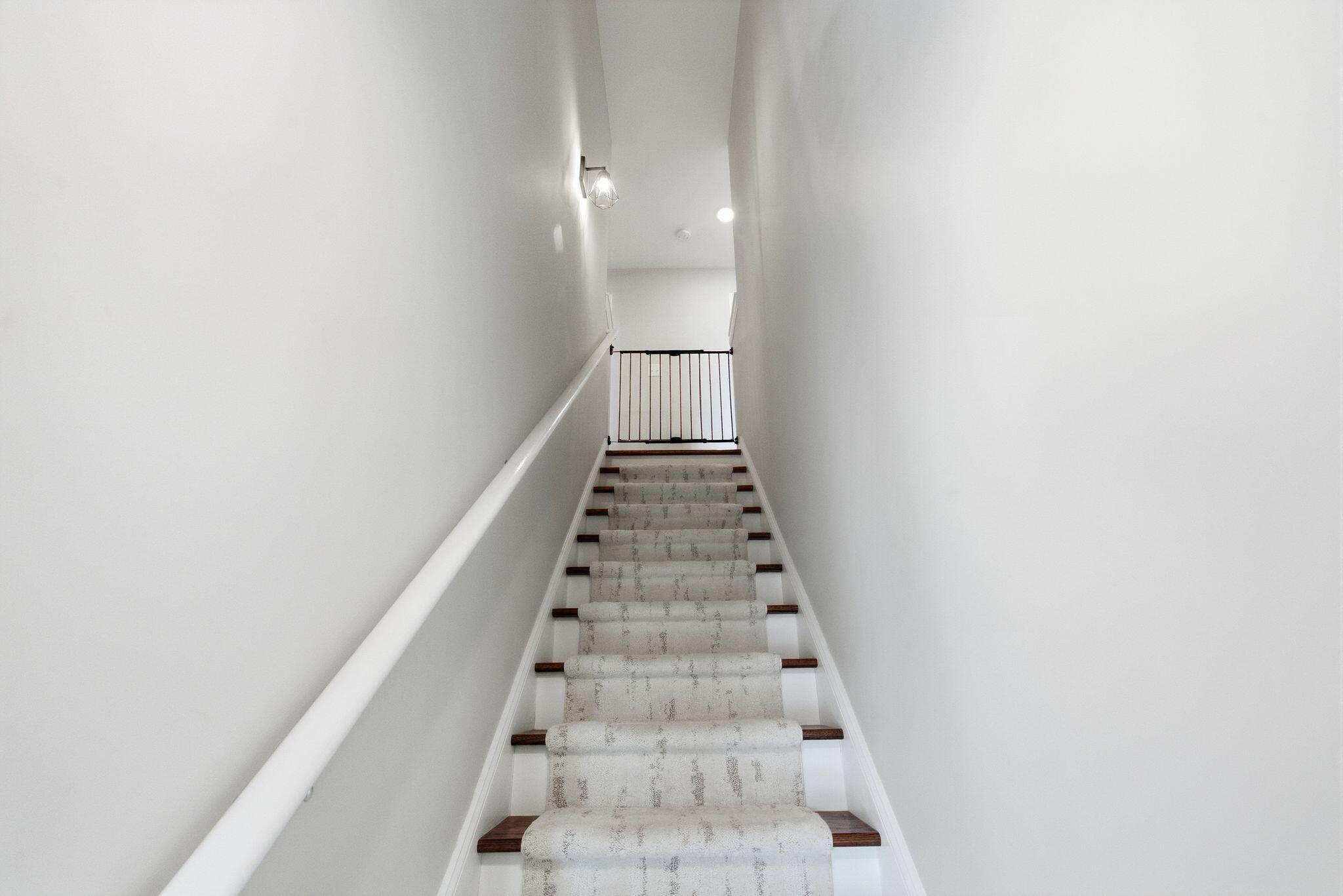 Carpeted staircase with dark wood treads, a white handrail, and a metal guardrail at the landing.