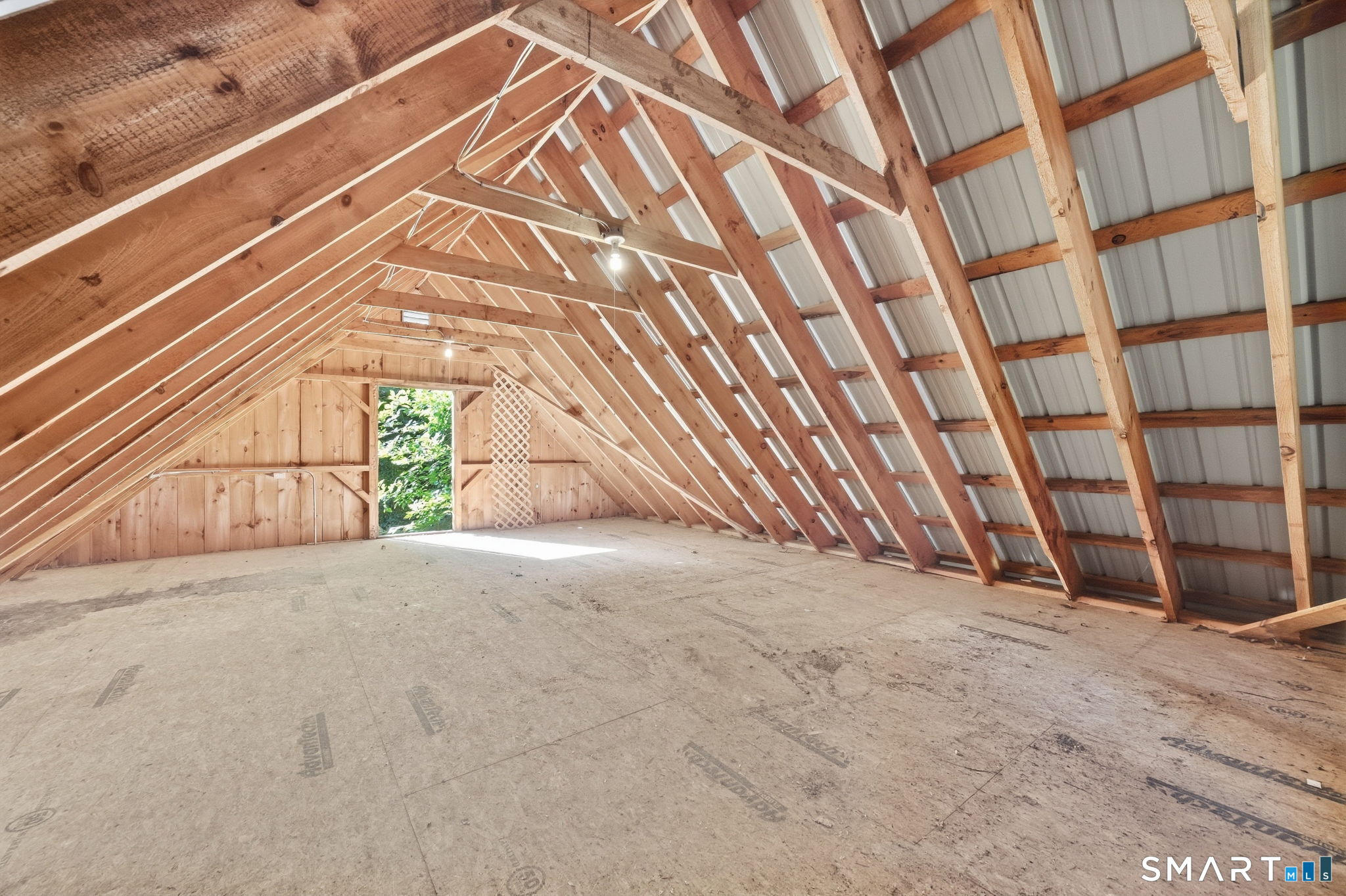 Unfinished loft with exposed timber rafters, corrugated metal roofing, and a doorway opening to greenery.