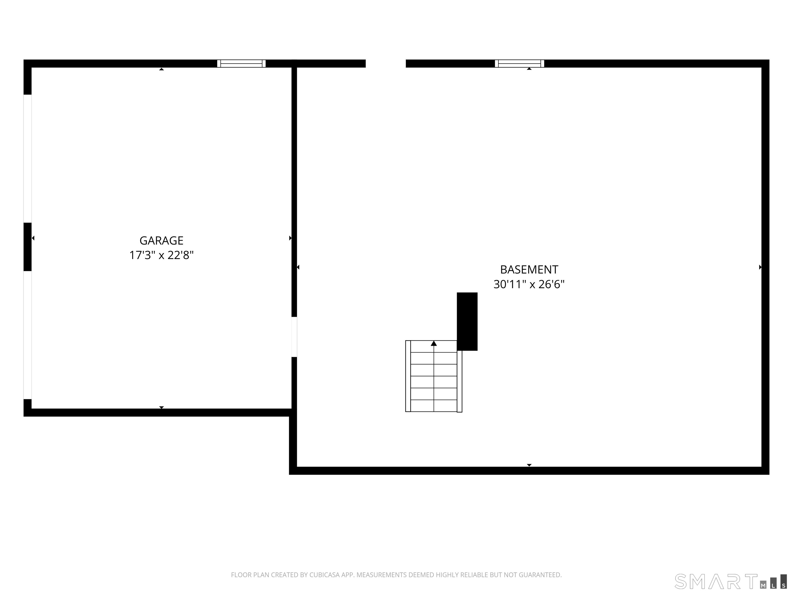 Floor plan showing a garage beside a basement with stairs.