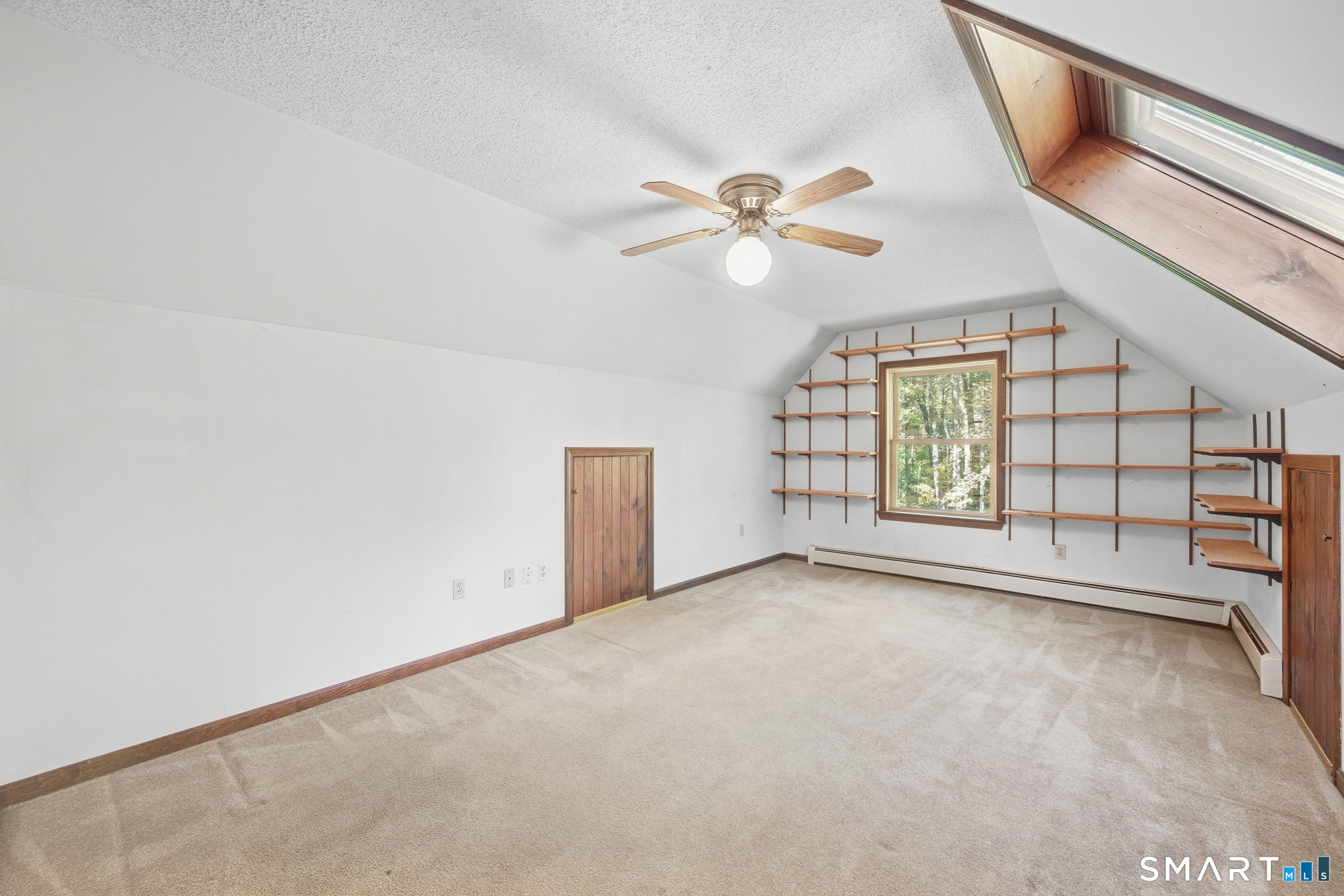 Carpeted upper-floor room with a skylight and built-in wooden shelving.