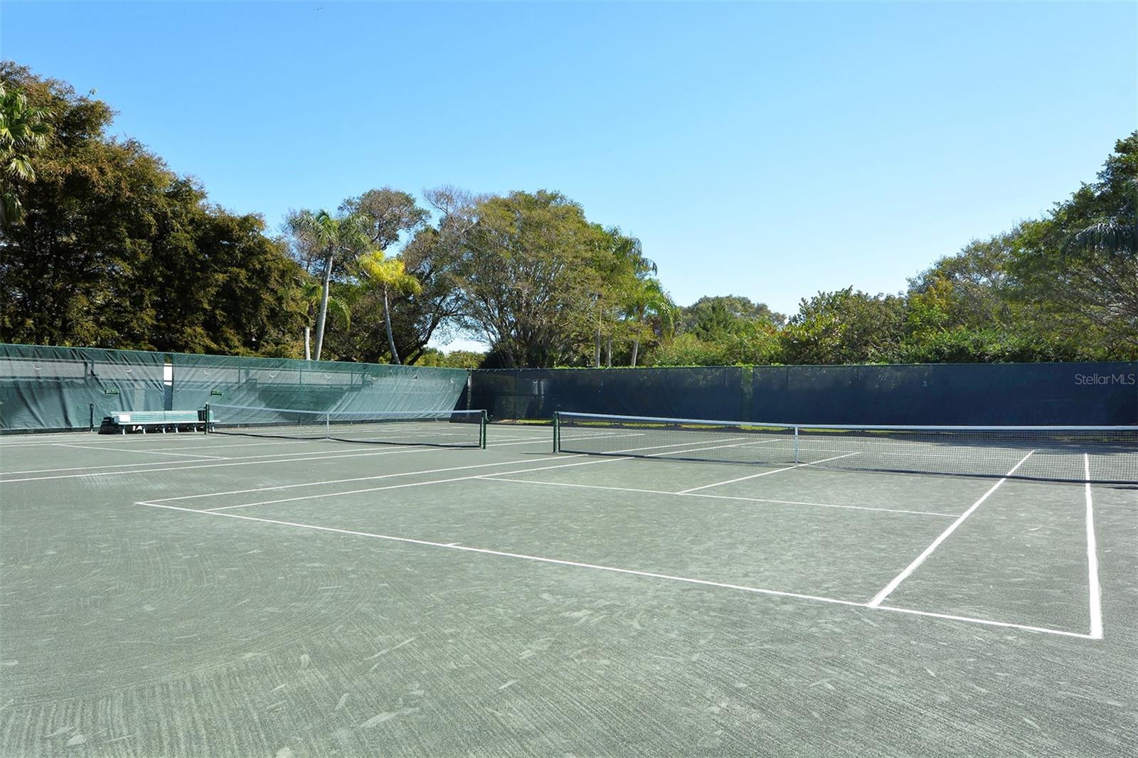 Outdoor tennis courts with green surfaces, nets, and mature trees beyond the perimeter screens.