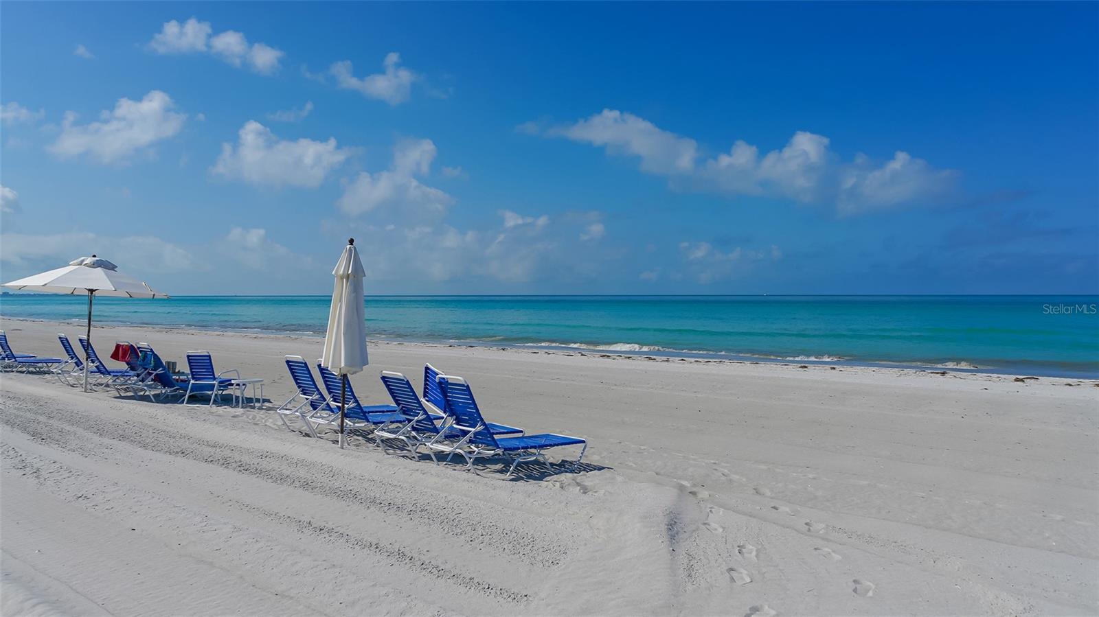 Sandy beach with blue lounge chairs and white umbrellas beside turquoise Gulf waters.