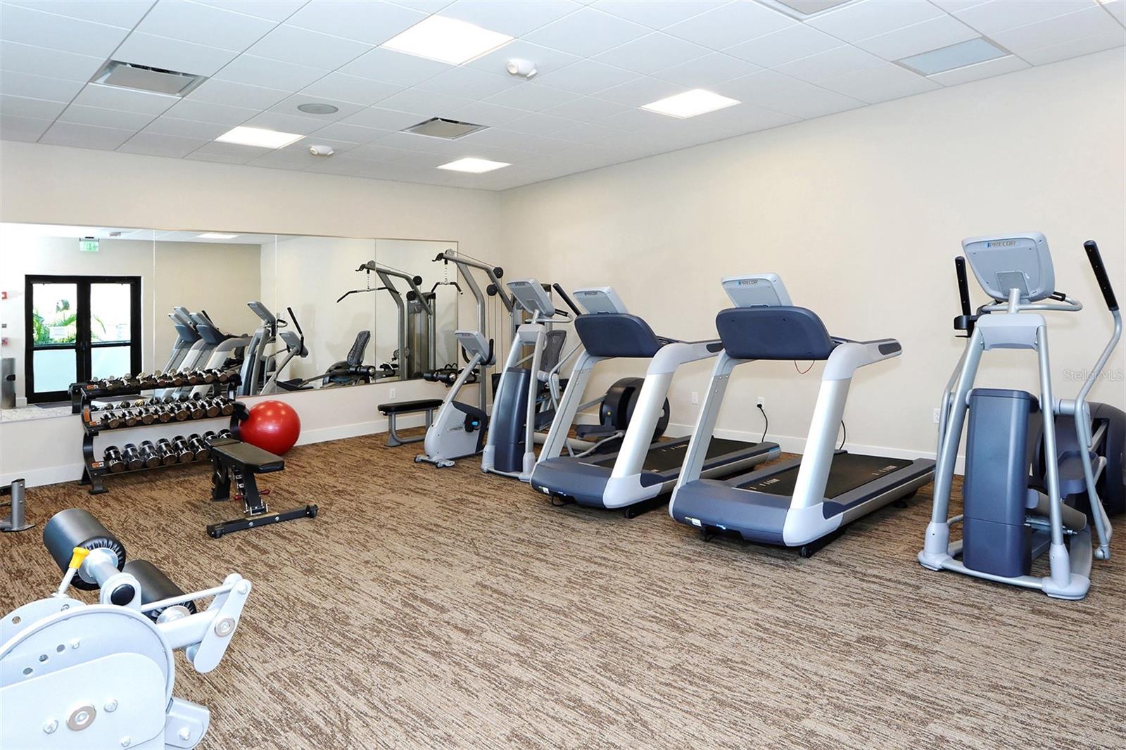 Fitness room with treadmills, elliptical machines, free weights, and a mirrored wall.