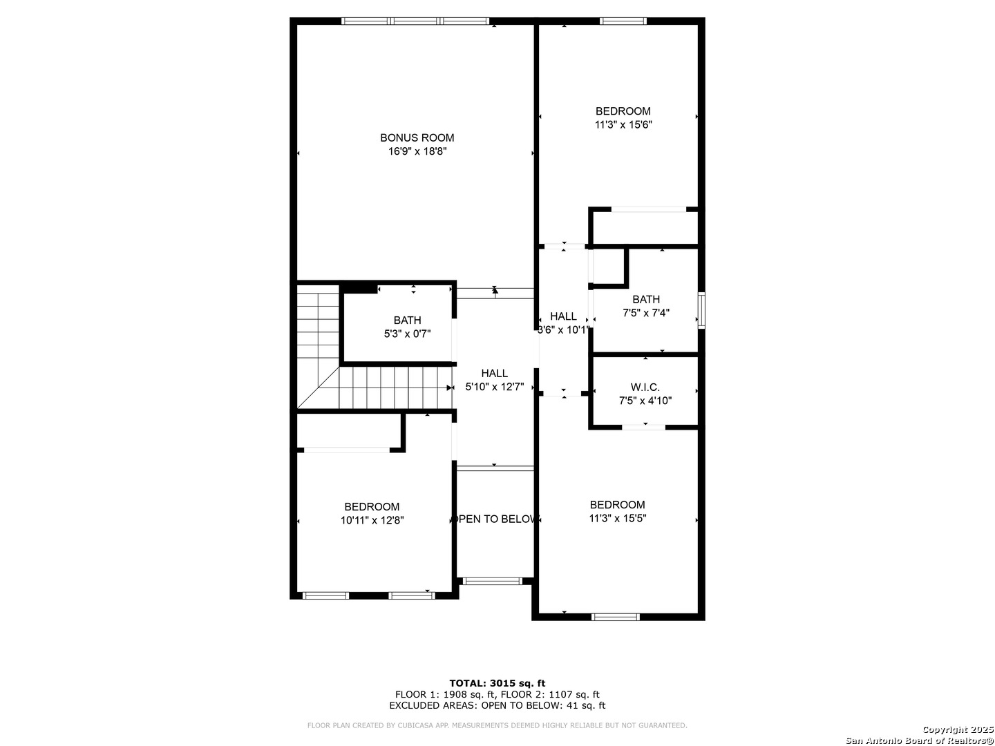 Floor plan showing three bedrooms, a bonus room, two bathrooms, and a walk-in closet.