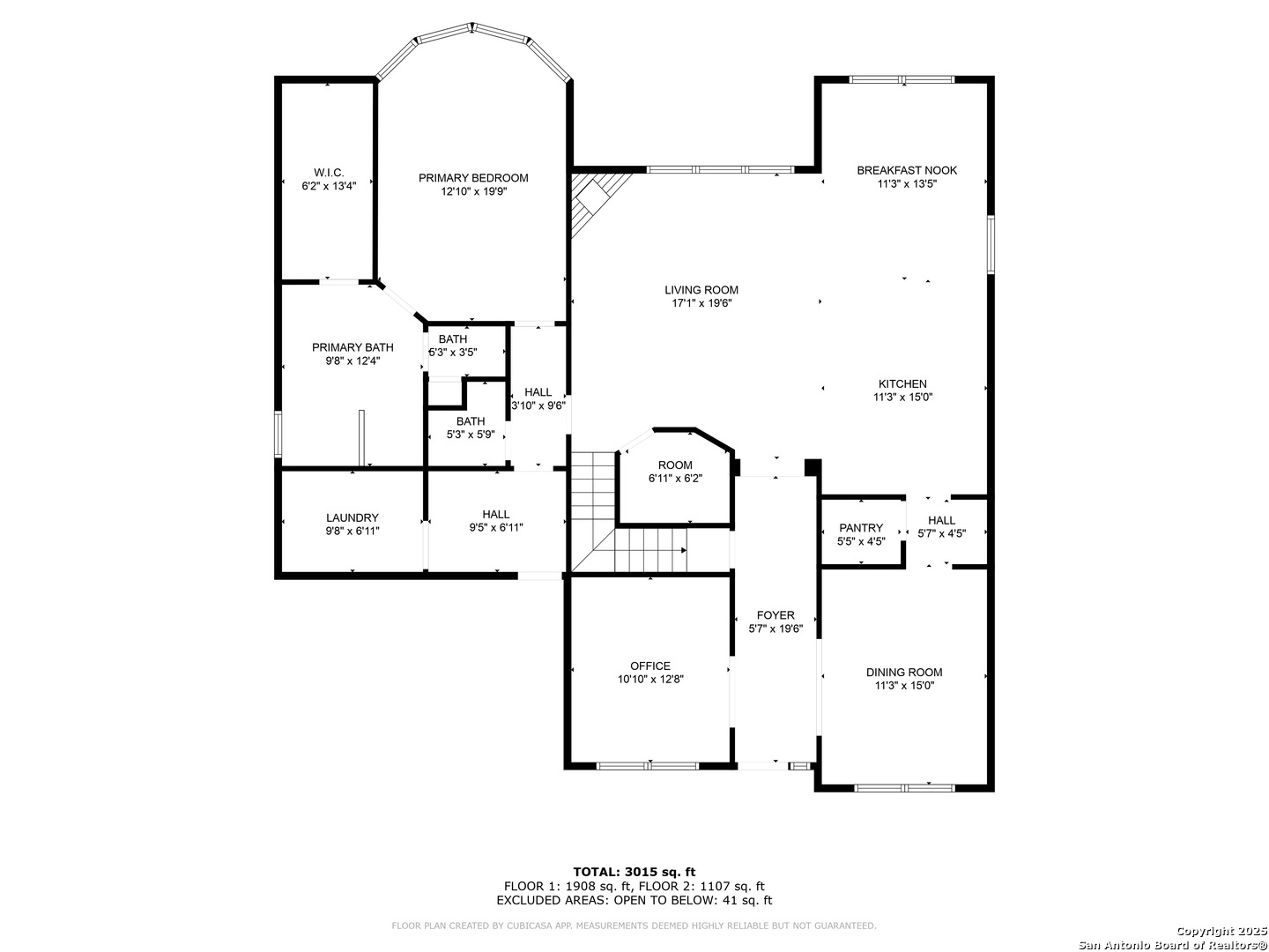 Floor plan showing the primary suite, living room, kitchen, breakfast nook, dining room, office, and room dimensions.