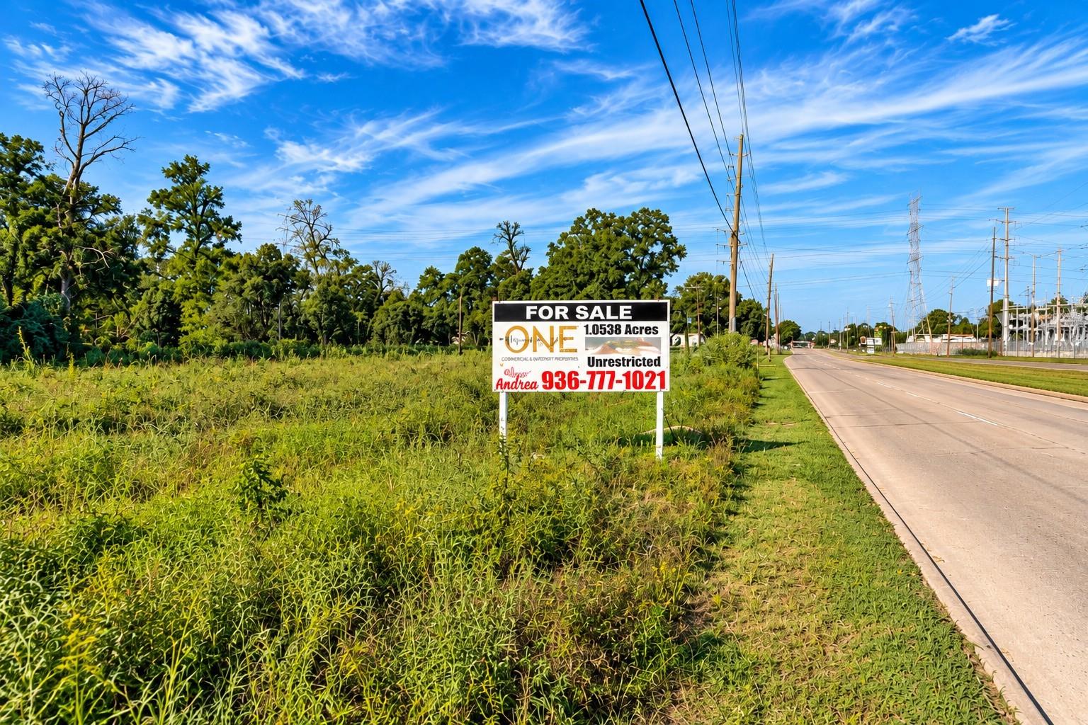 Grassy vacant parcel with a for-sale sign beside a paved road and utility lines.