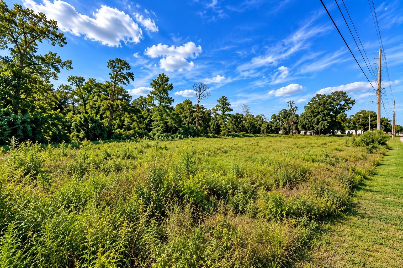 Vacant overgrown lot bordered by mature trees, with roadside utility poles and power lines.