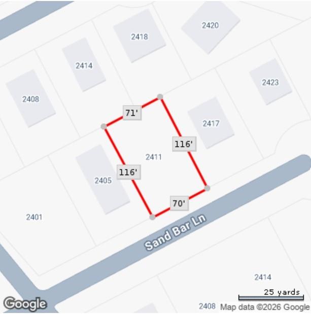Map of the outlined 2411 Sand Bar Lane parcel on Sand Bar Ln, marked 71 by 116 feet.