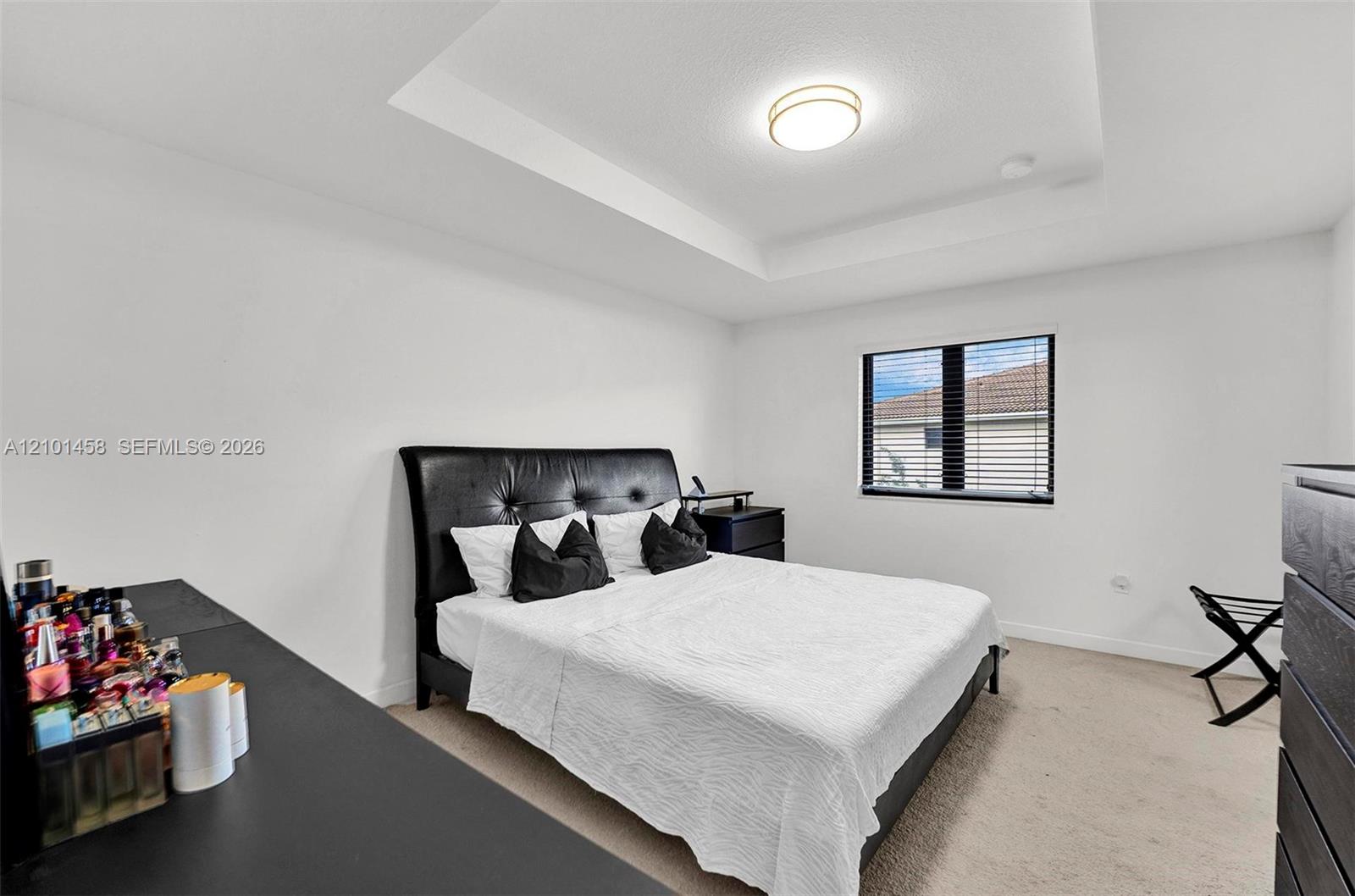 Bedroom with a black upholstered bed, white bedding, and a tray ceiling.