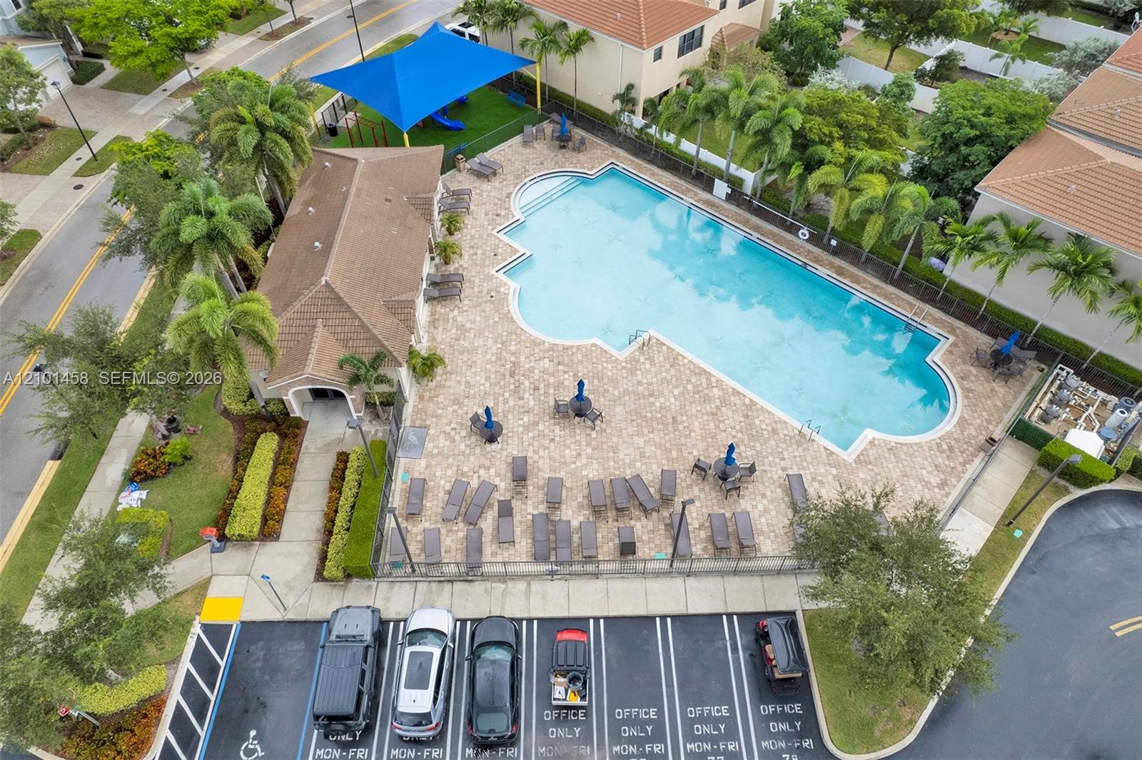 Aerial view of a freeform community pool beside a blue-canopy playground and palm-lined deck.