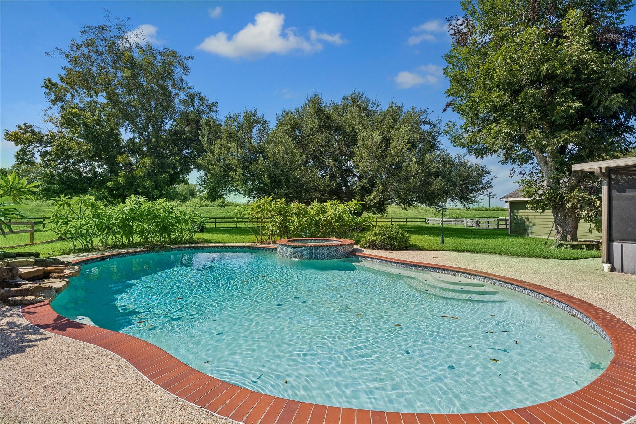 Curved backyard pool with a raised circular spa, brick coping, and mature trees.