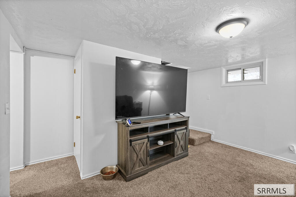 Basement living room with a large television, rustic media console, beige carpet, and steps.