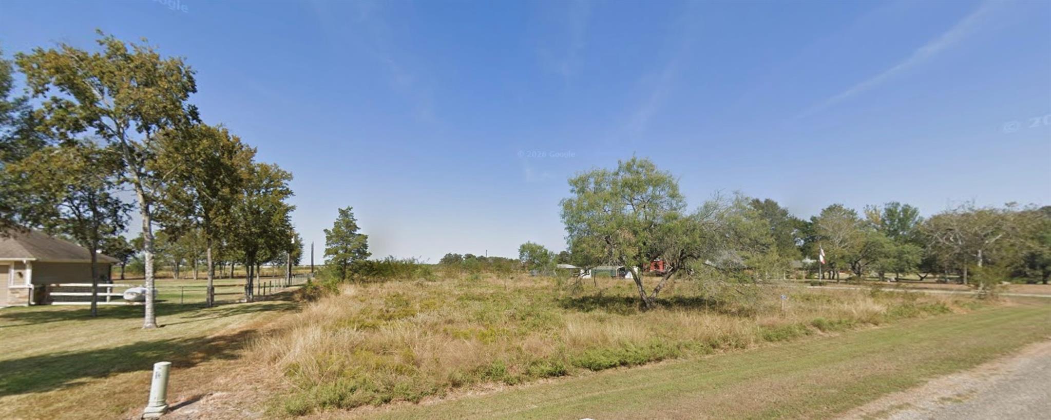 Grassy undeveloped lot with scattered trees, brush, and a neighboring house beside it.