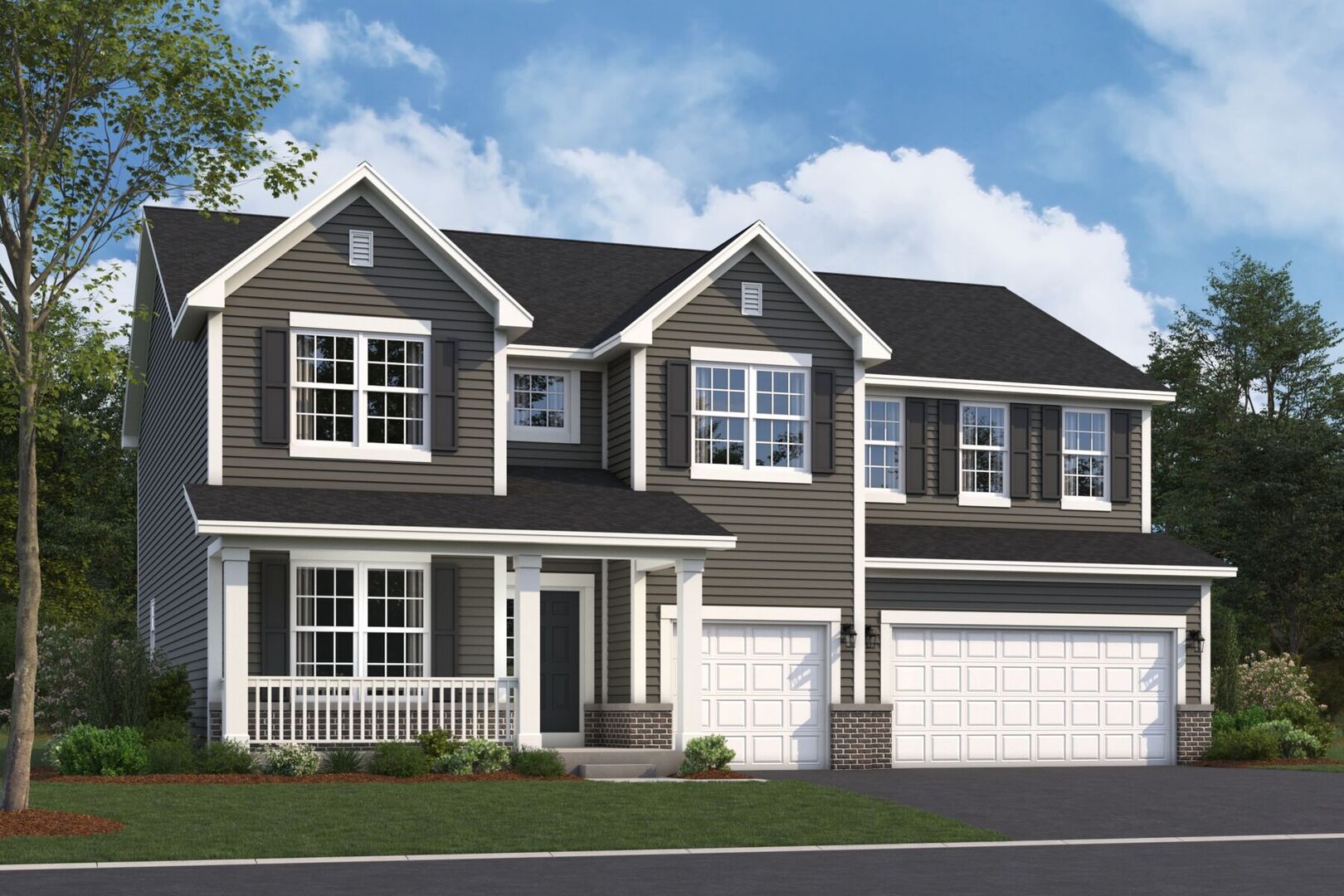 Two-story gray house with white trim, a covered porch, and an attached three-car garage.