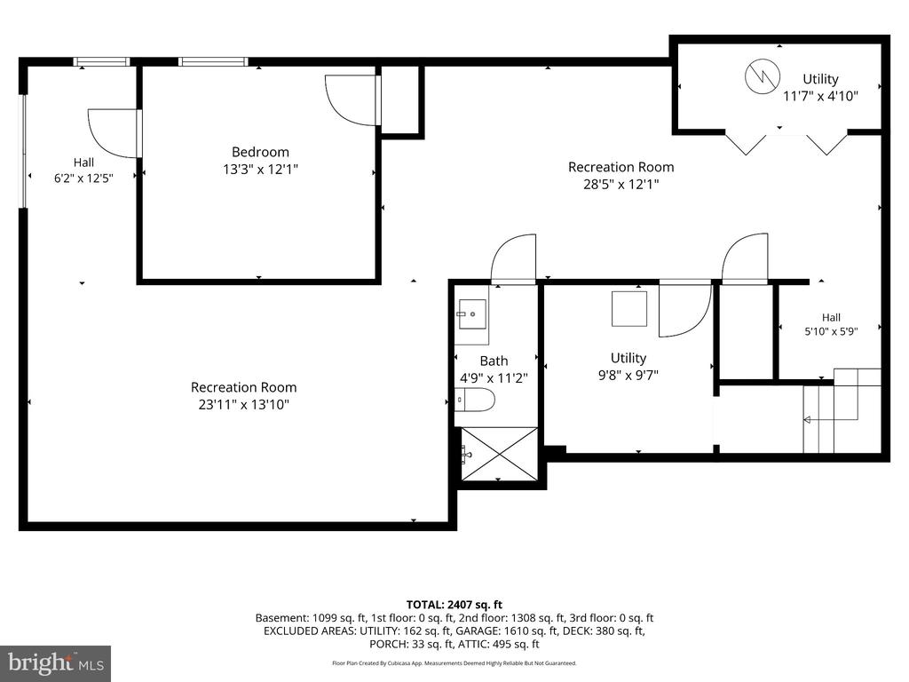 Basement floor plan with two recreation rooms, a bedroom, bathroom, utility rooms, and labeled dimensions.