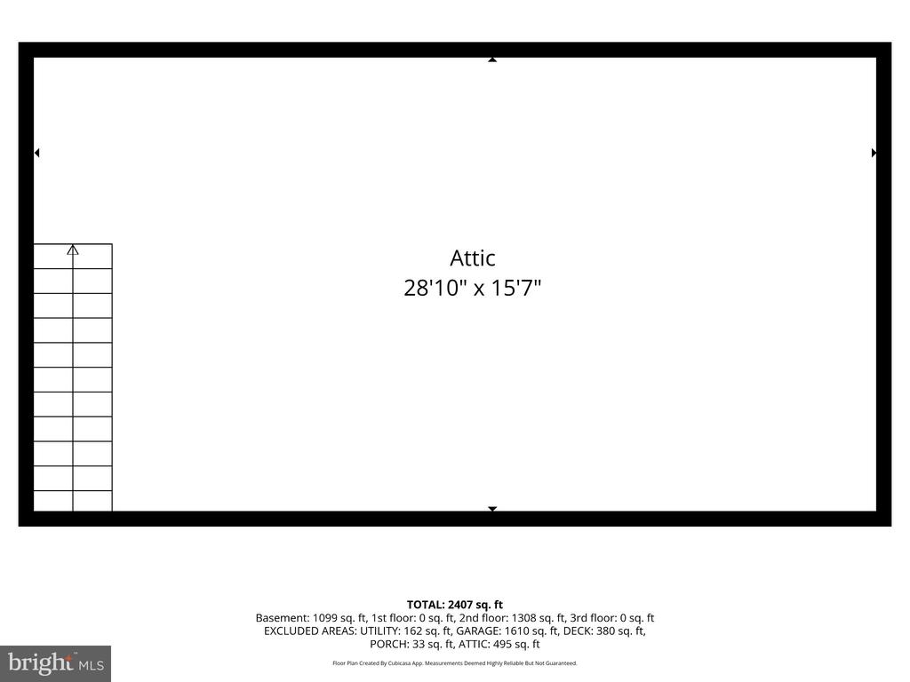 Attic floor plan with stairs along the left side, measuring 28 feet 10 inches by 15 feet 7 inches.