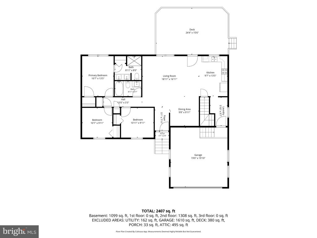 Floor plan showing three bedrooms, two baths, an open living and dining area, a deck, and attached garage.