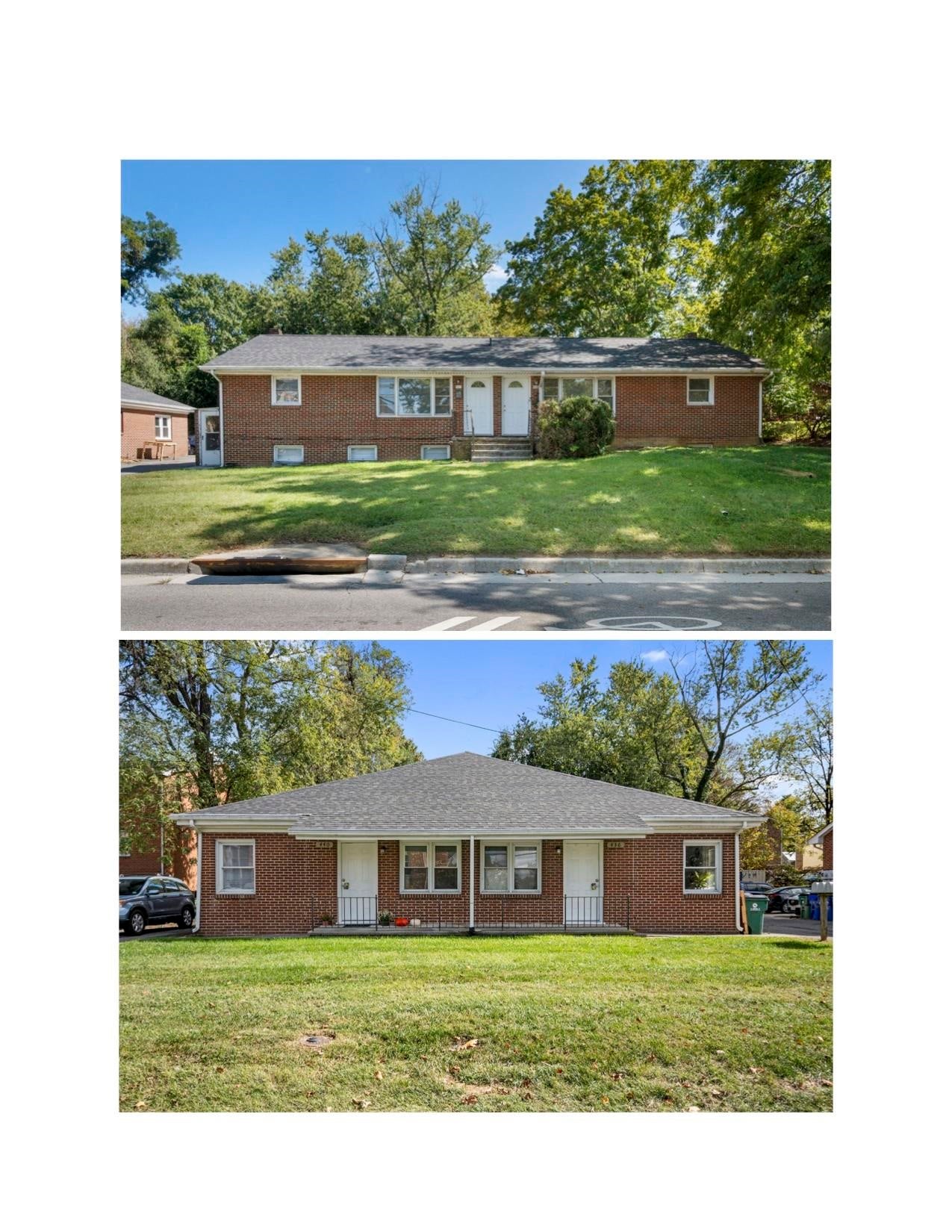 Red-brick duplex with two white entrances, a gray roof, and a green front lawn.