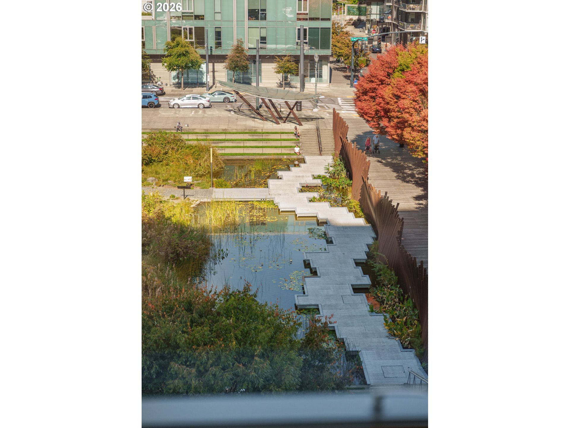 Elevated view of an urban pond and park with a zigzagging boardwalk and autumn trees.